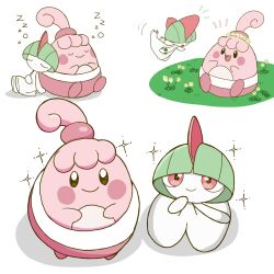Rule 34 | 1other, arm at side, black eyes, blank eyes, blunt bangs, blush stickers, bowl cut, bracelet, brown eyes, closed mouth, colored skin, covered eyes, dot mouth, floating, flower, flower bracelet, flower wreath, from above, full body, gen 3 pokemon, gen 4 pokemon, grass, green hair, hair over eyes, hand on lap, hand to own mouth, hand up, happiny, happy, head wreath, leaning on person, looking at viewer, looking up, monya, motion lines, nintendo, notice lines, on ground, open mouth, other focus, pokemon, pokemon (creature), ralts, short hair, simple background, sitting, sleeping, smile, sparkle, white background, white flower, white skin, zzz