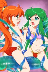Rule 34 | 2girls, armor, ass, ayanokouji rem, bare shoulders, between thighs, bikini, bikini armor, blush, breasts, cameltoe, caron (rall), commentary request, commission, commissioner upload, crossover, dream hunter rem, eye contact, face-to-face, frottage, fugetsu taku, green eyes, green hair, groin, highres, holding hands, kneepits, long hair, looking at another, moaning, multiple girls, navel, open mouth, orange hair, pink bikini, ponytail, red bikini, restrained, sf choujigen densetsu rall, skeb commission, small breasts, spread legs, straddling, swimsuit, tentacles, thighs, trait connection, very long hair