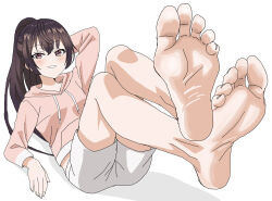 1girl barefoot blush brown_eyes brown_hair feet long_hair looking_at_viewer parted_lips ponytail riokasen smile soles suou_yuki toes tokidoki_bosotto_roshia-go_de_dereru_tonari_no_alya-san