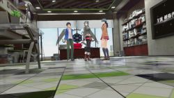 1boy 3d 3girls animated animated_gif aoi_itsuki atlus belt black_hair boots breasts cleavage coat crossed_arms earrings genei_ibunroku_#fe glasses high_heels jacket jewelry kurono_kiria large_breasts multiple_girls oribe_tsubasa shimazaki_maiko short_hair shorts skirt thighhighs