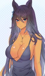 1girl alternate_costume alternate_hairstyle animal_ears bare_shoulders black_hair blue_eyes blush breasts cleavage closed_mouth commentary_request corrupted_twitter_file earrings hair_between_eyes hair_down highres horse_ears horse_girl jewelry large_breasts long_hair looking_at_viewer necklace remi-yuka-taimama simple_background single_earring solo symboli_kris_s_(umamusume) textless_version umamusume very_long_hair white_background