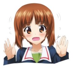 1girl ashiwara_yuu blue_jacket blush brown_eyes brown_hair embarrassed girls_und_panzer green_shirt green_undershirt jacket long_sleeves looking_at_viewer military military_uniform nishizumi_miho official_style ooarai_military_uniform open_mouth shirt short_hair signature solo waving