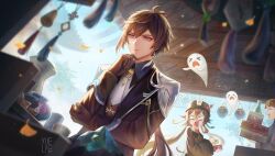 Rule 34 | 1boy, 2girls, antenna hair, artist logo, bag, black gloves, black hat, blurry, blurry foreground, boo tao (genshin impact), box, brown hair, brown jacket, brown vest, charm (object), closed eyes, coin, commentary, constricted pupils, earrings, english commentary, flower, gem, genshin impact, ghost, gloves, hand on own chin, hand on own elbow, hat, hat flower, holding, holding bag, holding box, holding coin, hu tao (genshin impact), jacket, jewelry, logo, long hair, long sleeves, looking at another, money bag, multiple girls, necktie, open mouth, pensive, surprised, tailcoat, tassel, tassel earrings, upper body, vest, white necktie, yellow eyes, yellow gemstone, yuelycia, zhongli (genshin impact)