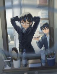 Rule 34 | 1boy, 1girl, absurdres, aqua-framed eyewear, basket, bathroom, black eyes, black hair, black jacket, blue eyes, blurry, blurry edges, blurry foreground, bottle, bread, bread slice, choppy bangs, collared shirt, comb, commentary request, cube, doorknob, eating, female pov, food, glasses, hair brush, hair tie in mouth, highres, holding, holding food, indoors, ito yoshi, jacket, laundry basket, long hair, long sleeves, mirror, morning, mother and son, mouth hold, one eye closed, open clothes, open door, open jacket, original, pov, reflection, shelf, shirt, slice of life, squeeze bottle, standing, suit jacket, tile wall, tiles, toast, toothbrush, towel, tying hair, upper body, v-shaped eyebrows, white shirt