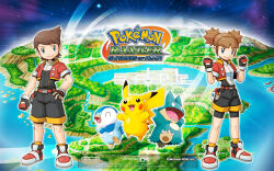 1boy 1girl 3others artist_request belt black_gloves clenched_hands fingerless_gloves full_body gen_1_pokemon gen_4_pokemon gloves happy highres kate_(pokemon) kellyn_(pokemon) looking_at_viewer multiple_others munchlax nintendo official_art pikachu piplup pokemon pokemon_ranger pokemon_ranger_2 pokemon_ranger_uniform red_footwear shoes shorts smile spiked_hair white_background yellow_legwear