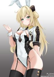 1girl absurdres ahoge alternate_costume animal_ears black_necktie black_thighhighs blonde_hair blush breasts closed_mouth fake_animal_ears garter_straps green_eyes groin hair_between_eyes hair_ornament highres large_breasts leotard long_sleeves necktie non-pubic_inmon playboy_bunny simple_background sky_striker_ace_-_raye solo thighhighs thighs tokiyanagi white_background white_leotard wrist_cuffs yu-gi-oh!