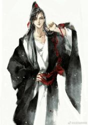 1boy black_hair black_hanfu chinese_clothes closed_mouth collarbone grey_eyes hair_ribbon hand_on_own_hip hand_up hanfu high_ponytail highres holding holding_jar holding_rope ink_wash_painting jar kcllzas163 light_particles long_hair long_sleeves looking_at_viewer male_focus modao_zushi painting_(medium) ponytail red_ribbon red_rope red_sash ribbon robe rope sash simple_background smile solo standing third-party_source traditional_media watermark wei_wuxian weibo_watermark white_background wide_sleeves