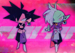 Rule 34 | 2boys, arm behind back, black bodysuit, black eyes, black hair, black pants, blue pants, blue sash, bodysuit, boots, colored skin, crossed arms, deformed, dougi, dragon ball, dragon ball super, earrings, goku black, green skin, grey eyes, jewelry, long sleeves, looking at viewer, mohawk, multiple boys, pants, pointy ears, potara earrings, purple shirt, red sash, ring, saiyan, sash, shirt, short hair, spiked hair, suzuka g, white footwear, white hair, zamasu