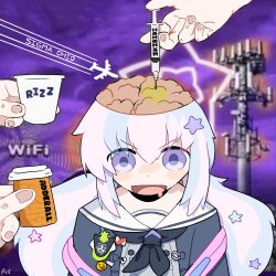 1girl blue_archive brain cellphone_tower_radiation_effects_(meme) drooling highres lobotomy long_hair low_twintails meme pill pill_bottle purple_eyes reisa_(blue_archive) rizz_(meme) saliva school_uniform serafuku sidelocks sigma_grindset_(meme) syringe twintails vitnoll zoomer_slang