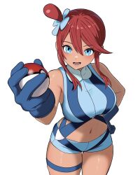 1girl :d alternate_costume armpits belt blue_belt blue_eyes blue_gloves blue_jacket blue_shorts blush breasts cowboy_shot crop_top cropped_jacket dark-skinned_female dark_skin elbow_gloves eyelashes gloves gym_leader hair_between_eyes hair_ornament hand_on_own_hip high_collar highres holding holding_poke_ball holster ishinabe_art jacket large_breasts long_hair looking_at_viewer looking_up lower_teeth_only midriff navel nintendo one_side_up open_mouth poke_ball poke_ball_(basic) pokemon pokemon_bw pouch red_hair short_hair_with_long_locks short_shorts shorts sidelocks simple_background skindentation skyla_(pokemon) sleeveless sleeveless_crop_top smile solo standing teeth thigh_holster thigh_pouch thigh_strap white_background