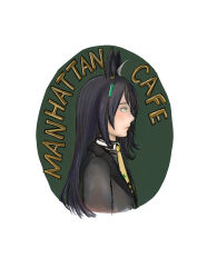Rule 34 | 1girl, 33ki71, absurdres, animal ears, black choker, black coat, black shirt, character name, choker, closed mouth, coat, collared shirt, ear tag, earrings, from side, grey hair, highres, holding, horse ears, horse girl, jewelry, long hair, manhattan cafe (umamusume), multicolored hair, shirt, simple background, single earring, solo, umamusume, very long hair, white background, yellow eyes, yellow nails