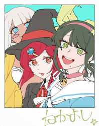 3girls absurdres aqua_background bell bikini black_hair black_hat black_jacket blue_eyes blunt_bangs bow bowtie chabashira_tenko choker collared_jacket collared_shirt commentary_request danganronpa_(series) danganronpa_v3:_killing_harmony dark-skinned_female dark_skin eyelashes fake_photograph ganguro gem_hair_ornament green_eyes gyaru hair_ornament hair_ribbon hairband happy hat hat_belt highres jacket long_hair looking_at_viewer mole mole_under_mouth multiple_girls neck_bell open_mouth pink_choker pink_hairband raincoat red_eyes red_hair ribbon sailor_collar school_uniform shirt short_hair simple_background smile suika_(494799937) swimsuit twintails white_bow white_bowtie white_hair witch_hat yellow_raincoat yonaga_angie yumeno_himiko