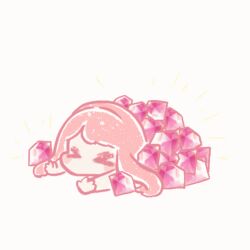 &gt;_&lt; animated animated_gif blunt_bangs blush_stickers chibi chinese_commentary commentary_request diamond_(gemstone) gem hair_spread_out long_hair long_sleeves looping_animation lying nikki_(nikki) nikki_(series) no_mouth notice_lines on_stomach pile pink_gemstone pink_hair shining_nikki shirt simple_background white_background white_shirt xiaoyu_qixing