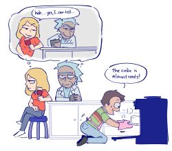 1girl 2boys absurdres apron baking beth_smith blonde_hair brown_hair coat father_and_daughter female_pervert green_shirt highres husband_and_wife imagining jerry_smith lab_coat long_hair messy_hair multiple_boys onion_lin pervert red_shirt rick_and_morty rick_sanchez shirt short_hair smile spiked_hair unibrow white_coat white_hair