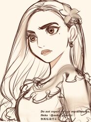 Rule 34 | 1girl, absurdres, colombian clothes, dress, earrings, embroidery, encanto, flower, graphite (medium), hair flower, hair ornament, highres, isabela madrigal, jewelry, long hair, mole, mole under eye, nyamunekonabe, shirt, simple background, solo, traditional media, unfinished
