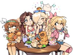 4girls almightychiru alternate_costume alternate_hairstyle bare_shoulders blonde_hair blue_eyes blush bow breasts brown_hair burger cake can chair cleavage closed_eyes crown denim denim_shorts dress drink_can earrings eyewear_on_head food gloves hair_bow highres holding holding_burger holding_food jacket jewelry knee_pads long_hair long_sleeves luma_(mario) mario_(series) mario_kart mario_kart_world medal multiple_girls nintendo official_alternate_costume official_alternate_hairstyle open_clothes open_jacket open_mouth pauline_(mario) pink_bow pink_jacket ponytail princess_daisy princess_daisy_(touring) princess_peach princess_peach_(touring) red_dress rosalina short_hair shorts sitting soda soda_can soup sunglasses table tongue
