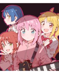4girls blonde_hair blue_eyes blue_hair blush bocchi_the_rock! closed_mouth collared_shirt commentary dot_mouth dot_nose electric_guitar gotoh_hitori green_eyes guitar highres holding holding_instrument ijichi_nijika instrument jacket kita_ikuyo letterboxed long_hair long_sleeves mole mole_under_eye multiple_girls open_mouth pink_hair pink_jacket polo_tokki red_eyes red_hair shirt short_hair side_ponytail sidelocks smile track_jacket white_shirt yamada_ryo yellow_eyes