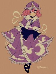 1girl black_shoes blue_hat blue_kimono blush brown_background closed_mouth cloud_print commentary english_commentary full_body hat highres japanese_clothes kimono long_sleeves pink_hair pomekka saigyouji_yuyuko sash shoes short_hair simple_background solo touhou twitter_username