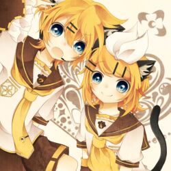 1boy 1girl :o animal_ears black_sailor_collar black_shorts black_sleeves blonde_hair blue_eyes blush brother_and_sister cat_ears cat_tail collarbone cowlick detached_sleeves dot_nose eyes_visible_through_hair fang frilled_sleeves frills hair_between_eyes hand_to_head headset heart heart_in_eye high_ponytail kagamine_len kemonomimi_mode looking_at_viewer mattari_haruto medium_hair messy_hair neckerchief necktie parted_bangs ponytail puffy_sleeves sailor_collar shirt short_hair short_ponytail shorts siblings smile symbol_in_eye tail twins vocaloid white_shirt yellow_neckerchief yellow_necktie