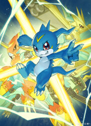 3others animal_feet arms_up blue_horns blue_skin blurry blurry_background claws colored_skin digimon digimon_(creature) electricity facial_mark fladramon forehead_mark full_body furry grin happy highres horns jumping lizard_tail looking_at_viewer magiace magnamon multicolored_skin multiple_others other_focus outstretched_arms raidramon red_eyes sharp_teeth smile tail teeth two-tone_skin v v-mon watermark weibo_watermark