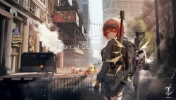 1girl absurdres arknights backpack bag black_bag black_gloves broken building chinese_commentary city closed_mouth column commentary_request day detached_wings dzq1710 exusiai_(arknights) exusiai_(wild_operation)_(arknights) eyewear_on_head fumes gloves grey_jacket grey_shorts gun halo highres jacket light_particles light_rays long_sleeves looking_at_viewer looking_back official_alternate_costume orange_eyes orange_hair outdoors pillar plant rifle road scaffolding science_fiction short_hair shorts signature smile solo standing steam strap string_of_light_bulbs sunglasses taxi thigh_strap traditional_halo traffic_cone tree turning_head weapon window wings yellow_halo