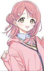 1girl :d blue_shirt blunt_bangs blush collared_shirt hair_bun hair_ornament hairclip highres hood hooded_jacket jacket long_sleeves looking_at_viewer love_live! love_live!_nijigasaki_high_school_idol_club medium_hair neck_ribbon nijigasaki_school_uniform ogi_(sham00) open_mouth partially_unzipped pink_hair pink_jacket red_ribbon ribbon school_uniform shirt simple_background single_side_bun sleeves_past_wrists smile solo sweater_vest uehara_ayumu upper_body white_background yellow_eyes yellow_sweater_vest zipper