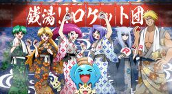 2girls 4boys attila_(pokemon) blonde_hair blue_eyes brown_eyes butch_(pokemon) cassidy_(pokemon) cokata cosplay gen_2_pokemon gen_7_pokemon green_eyes green_hair grey_hair hand_fan highres holding holding_fan hun_(pokemon) james_(pokemon) japanese_clothes jessie_(pokemon) kimono mimikyu multiple_boys multiple_girls nintendo pink_hair pokemon pokemon_(anime) pokemon_(classic_anime) pokemon_(creature) purple_eyes purple_hair team_rocket wobbuffet wobbuffet_(cosplay)