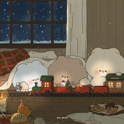 Rule 34 | animal, artist name, bare tree, bear, blanket, candle, candy, candy cane, chibi, christmas, christmas tree, closed eyes, cookie, curtains, food, gingerbread cookie, glowing, highres, indoors, kocobear, lying, night, night sky, no humans, open mouth, original, pillow, plate, scarf, sky, snow, snowing, snowman, solid circle eyes, stuffed toy, toy train, tree, window, wooden floor, wooden wall, yarn, yarn ball