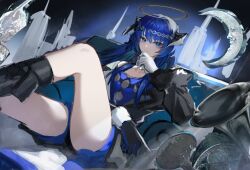1girl arknights atpcatpcxc black_dress blue_dress blue_eyes blue_gloves blue_hair collar demon_horns detached_collar dress feet_out_of_frame gloves hair_ornament halo highres horns instrument long_hair looking_at_viewer mostima_(arknights) mostima_(ethereal_harmony)_(arknights) official_alternate_costume sitting smile solo thighs traditional_halo trumpet white_gloves