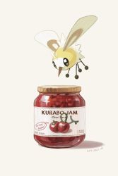 animal_focus berry_(pokemon) black_eyes cheri_berry commentary_request cutiefly dated flying gen_7_pokemon highres jam jar label looking_down mokuzou_(moku_ssbu) nintendo no_humans pokemon pokemon_(creature) solo