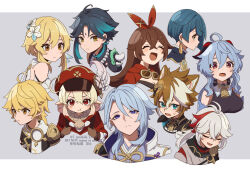 Rule 34 | 4girls, 6+boys, :t, aether (genshin impact), ahoge, amber (genshin impact), animal ears, animal print, aqua hair, bead necklace, beads, black hair, black shirt, blonde hair, blue eyes, blue hair, bow, breasts, brown eyes, brown gloves, brown hair, cabbie hat, cleavage, closed eyes, commentary request, corn kuten, cow print, cropped shoulders, dog ears, dress, facial mark, feather hair, flower, forehead mark, frown, ganyu (genshin impact), genshin impact, gloves, goat horns, goggles, goggles around neck, gorou (genshin impact), gradient hair, grey background, hair bow, hair flower, hair ornament, hat, high collar, horns, jacket, jewelry, kaedehara kazuha, kamisato ayato, klee (genshin impact), large breasts, letterboxed, looking at viewer, lumine (genshin impact), multicolored hair, multiple boys, multiple girls, necklace, pointy ears, ponytail, profile, red bow, red eyes, red hair, red hat, red jacket, scarf, serious, shirt, short hair, short hair with long locks, simple background, sleeveless, sleeveless shirt, streaked hair, watermark, white background, white dress, white flower, white hair, white jacket, white scarf, xiao (genshin impact), xingqiu (genshin impact), yellow eyes