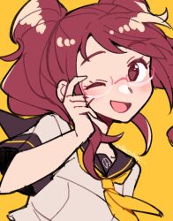 1girl ;d black_sailor_collar brown_eyes brown_hair do_m_kaeru kujikawa_rise neckerchief one_eye_closed open_mouth persona persona_4 sailor_collar school_uniform serafuku shirt short_sleeves signature smile solo twintails upper_body white_shirt yasogami_school_uniform yellow_background yellow_neckerchief