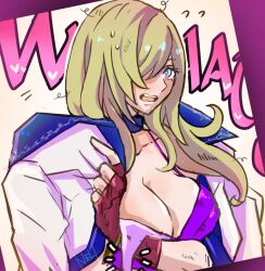 Rule 34 | 1girl, artist name, b. jenet, blonde hair, blue eyes, borrowed clothes, breasts, cleavage, covered erect nipples, dirty, dress, fatal fury, fatal fury: city of the wolves, fingerless gloves, gloves, highres, jacket, large breasts, long hair, nervous, open mouth, purple dress, snk, solo, the king of fighters, tongue