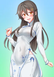 Rule 34 | 1girl, anti (untea9), ao dai, black hair, blush, breasts, brown eyes, cowboy shot, dress, gradient background, green background, hair ornament, hairclip, haruna (kancolle), highres, kantai collection, long hair, looking at viewer, medium breasts, pants, smile, solo, vietnamese clothes, white dress