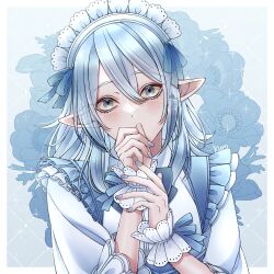 Rule 34 | 1boy, aegyo sal, apron, blue apron, blue background, blue bow, blue flower, blue hair, blue nails, blue theme, border, bow, commentary request, covering own mouth, crossdressing, crossdressing (mtf), dress, earrings, elezen, elf, final fantasy, final fantasy xiv, flower, flower earrings, frilled apron, frilled dress, frilled wrist cuffs, frills, grey eyes, head tilt, highres, jewelry, kuro11 222, long hair, looking at viewer, maid headdress, male focus, pointy ears, rose, solo, trap, upper body, warrior of light (ff14), white border, white dress, wrist cuffs