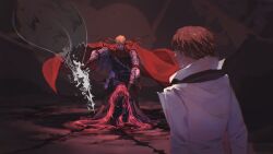 1girl 2boys arm_up armlet armor black_dress black_gloves black_scarf blonde_hair blood blood_on_face blood_on_ground brown_hair cape dress earrings energy_sword eurasia_enne_zahard facepaint facial_mark father_and_daughter glasses gloves grabbing_another&#039;s_face head_grab highres holding holding_sword holding_weapon incoming_attack jacket jewelry kapxapius korean_clothes long_hair long_sleeves looking_at_another looking_down motion_blur motion_lines multiple_boys on_ground original po_bidau_gustang red_cape red_hair scarf sheath sheathed short_hair shoulder_armor sword tower_of_god underlighting weapon white_jacket yellow_eyes zahard