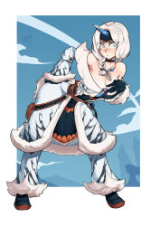 1girl :o armor armpits bare_shoulders belt blue_eyes braid breasts cleavage collarbone fur_trim gloves hairband hand_on_own_chest hand_on_own_hip highres horn_ornament horns jewelry kirin_(armor) large_breasts leaning_forward leather_belt looking_at_viewer monster_hunter_(character) monster_hunter_(series) necklace pearl_necklace pouch shiromh single_horn solo sweat twin_braids twitter_username white_hair