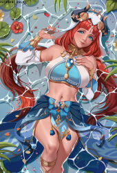 1girl alternate_breast_size artist_name bare_shoulders black_horns blue_brooch blue_eyes blue_nails blue_skirt breasts brooch closed_mouth commentary detached_sleeves exlic fake_horns feet_out_of_frame genshin_impact gold_trim hand_on_own_chest harem_outfit highres horns jewelry knee_up large_breasts lips long_hair looking_at_viewer low_twintails lying midriff nail_polish navel neck_ring nilou_(genshin_impact) on_back patreon_username puffy_detached_sleeves puffy_sleeves red_hair skirt smile solo twintails veil water white_sleeves white_veil