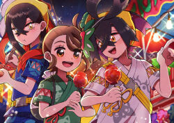 Rule 34 | 1boy, 2girls, :d, :t, absurdres, black hair, blue shirt, candy apple, carmine (pokemon), chopsticks, closed mouth, commentary request, crossed bangs, eating, eyelashes, food, green shirt, hair between eyes, hairband, happy, highres, holding, holding chopsticks, juliana (pokemon), kieran (pokemon), mask, mask on head, mole, mole on neck, multiple girls, night, nintendo, open mouth, outdoors, pointing, pokemon, pokemon sv, shirt, short sleeves, smile, teeth, tongue, upper teeth only, watawata22, yellow eyes, yellow hairband