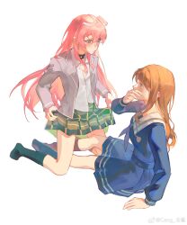 2girls absurdres animal_ears bang_dream! bang_dream!_it&#039;s_mygo!!!!! black_collar blazer blue_eyes blue_shirt blue_skirt blush bra brown_hair cang_(akaga204) chihaya_anon chinese_commentary closed_mouth collar commentary_request dog_ears dog_girl dog_tail green_skirt green_socks grey_eyes grey_neckerchief haneoka_school_uniform highres jacket kneehighs long_hair long_sleeves multiple_girls nagasaki_soyo navel neckerchief no_shoes open_clothes open_jacket open_shirt pink_hair pleated_skirt school_uniform shirt sidelocks simple_background skirt skirt_hold socks stomach studded_collar tail tsukinomori_school_uniform underwear watermark weibo_watermark white_background white_bra white_shirt yuri