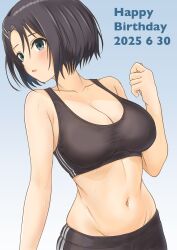 Rule 34 | 1girl, arm at side, bare arms, bare shoulders, black hair, black pants, black shorts, black sports bra, blue background, blue eyes, blush, bob cut, breasts, cleavage, collarbone, cowboy shot, dated, fuyou yuuna wa yuusha de nai, gradient background, green eyes, groin, hair between eyes, hair ornament, hairclip, hand up, happy birthday, highres, large breasts, looking at viewer, looking to the side, man12sikata-04, midriff, navel, open mouth, pants, parted lips, short hair, shorts, simple background, solo, sports bra, sportswear, standing, stomach, sweat, upper body, yuzuki yuuna