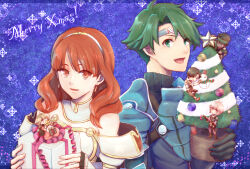 Rule 34 | 1boy, 1girl, alm (fire emblem), aoi (xxxaoi), armor, blue armor, breastplate, breasts, celica (fire emblem), chibi, choker, christmas ornaments, christmas present, christmas tree, cleavage, couple, earrings, faye (fire emblem), fingerless gloves, fire emblem, fire emblem echoes: shadows of valentia, gift, gloves, gray (fire emblem), green eyes, green hair, hetero, highres, jewelry, kliff (fire emblem), long hair, male focus, merry christmas, nintendo, orange eyes, orange hair, prince, princess, red eyes, red hair, short hair, star (symbol), tiara, tobin (fire emblem), tree, white armor, winter
