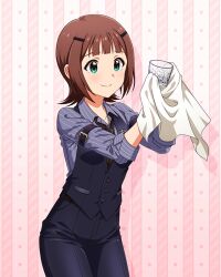 1girl amami_haruka anime_coloring arm_belt bartender belt black_belt black_pants black_vest blunt_bangs breasts brown_hair brown_necktie closed_mouth cloth collarbone concept_shaker_(idolmaster) cowboy_shot cup dot_nose flipped_hair green_eyes hair_ornament hairpin hands_up holding holding_cloth holding_cup idolmaster idolmaster_(classic) idolmaster_million_live! idolmaster_million_live!_theater_days light_blush light_smile long_sleeves looking_at_object loose_necktie necktie official_alternate_costume official_art open_collar pants pocket shirt short_hair sidelocks sleeves_rolled_up small_breasts solo star_(symbol) striped_clothes striped_shirt vest