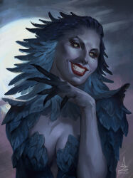 1girl azarya_st black_sclera blue_feathers breasts claws cleavage colored_sclera colored_skin commission dungeons_&amp;_dragons feathers grey_skin grin harpy highres looking_at_viewer medium_breasts monster_girl original red_lips signature smile solo teeth upper_body yellow_eyes