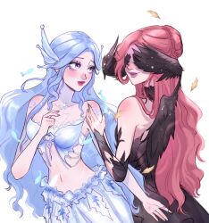 2girls bare_arms bare_shoulders bird_wings black_collar black_dress black_wings blue_bra blue_eyeshadow blue_hair blue_scales blue_skirt bra bun_with_braided_base closed_mouth collar collarbone commentary covered_eyes cowboy_shot crimson_feather_(infinity_nikki) detached_collar dress english_commentary eyeshadow feather-trimmed_dress feather_trim feathered_wings feathers fingernails fins fish frilled_bra frills gown hair_bun hand_on_another&#039;s_shoulder head_fins head_wings highres infinity_nikki jewelry lipstick long_dress long_hair long_skirt looking_at_another makeup mermaid monster_girl multiple_girls multiple_wings necklace nikki_(series) pink_lips red_hair sidelocks simple_background single_hair_bun skirt smile snowy_ballad_(infinity_nikki) standing stomach storijuna strapless strapless_bra strapless_dress underwear very_long_hair wavy_hair white_background wings yuri