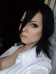 1girl absurdres black_hair bleach collared_shirt color_contacts cosplay cosplay_photo dress_shirt female_focus hair_between_eyes highres kuchiki_rukia kuchiki_rukia_(cosplay) photo_(medium) purple_eyes shirt solo white_shirt