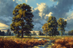 absurdres blue_sky boulder cloud cloudy_sky commentary day english_commentary grass highres no_humans original outdoors path philipp_urlich road scenery sky tree water