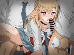 1girl 2boys :o bar_censor bathroom black_choker blonde_hair blue_necktie blue_skirt blush bra breasts censored choker clothes_lift earrings eufoniuz hand_on_another&#039;s_head hetero highres imminent_fellatio jewelry kitagawa_marin looking_at_penis medium_breasts miniskirt multiple_boys necktie open_mouth penis red_bra red_eyes school_uniform serafuku sex shirt shirt_lift skirt skirt_lift sono_bisque_doll_wa_koi_wo_suru standing standing_sex tears testicles underwear vaginal white_shirt