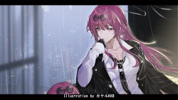2girls age_difference artist_name black_border black_jacket border closed_mouth collarbone dual_persona eyewear_on_head glasses honkai:_star_rail honkai_(series) jacket kafka_(honkai:_star_rail) letterboxed long_hair looking_at_viewer multiple_girls pince-nez purple_eyes purple_hair rain revision round_eyewear shirt smile srpzk sunglasses time_paradox upper_body white_shirt