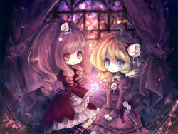 2girls bad_id bad_pixiv_id blonde_hair blue_eyes child dress drill_hair flower goth_fashion gothic_lolita hair_flower hair_ornament highres lolita_fashion long_hair multiple_girls onineko original red_eyes ribbon sitting